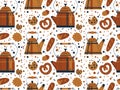 Watercolor pastry seamless pattern with illustration of bakery products in cartoon doodle style isolated on white