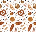 Watercolor pastry seamless pattern with illustration of bakery products in vintage cartoon doodle style isolated on