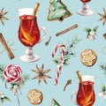 Watercolor pastry seamless pattern with mulled wine. Hand painted lollipop, cookies, juniper and snowberry isolated on