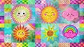 Watercolor patchwork pattern with smiling suns, clouds, and a rainbow