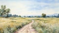 Watercolor Pathway In A Field: Accurate Ornithological Style Illustration