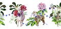 Watercolor pattern of alpaca, llama and ostrich with orchids, rhododendron Royalty Free Stock Photo