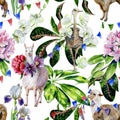 Watercolor pattern of alpaca, llama and ostrich with orchids, rhododendron Royalty Free Stock Photo