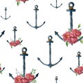 Watercolor pattern with anchor and peony flower. Hand painted vintage nautical illustration with floral decor isolated Royalty Free Stock Photo