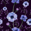 Watercolor pattern with anemones and little flowers on branches for design on dark background. Limonium, vintage style. Royalty Free Stock Photo