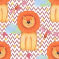 Watercolor pattern animal cute lion circus on a white background, star, garland, clouds. Hand draw illustration. Royalty Free Stock Photo