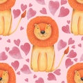 Watercolor pattern animal cute lion on a white background, heart. Hand draw illustration. Valentine`s card. Royalty Free Stock Photo