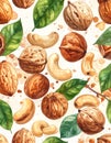 Watercolor Pattern of Assorted Nuts and Leaves Royalty Free Stock Photo