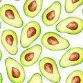 Watercolor pattern of avocado, avocado halves, avocado leaves Royalty Free Stock Photo