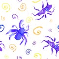 Watercolor seamless pattern or background of violet and blue spider and color webs to Halloween.