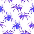Watercolor seamless pattern or background of violet and blue spider to Halloween.