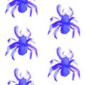 Watercolor seamless pattern of blue purple spider to Halloween.