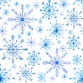 Watercolor pattern of blue snowflakes falling