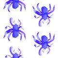 Watercolor seamless pattern of blue violet spider to Halloween.