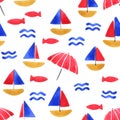 Watercolor pattern with boats, fish and umbrellas