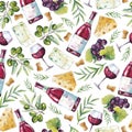 Watercolor pattern with wine  cheese  grapes and olives on a white background Royalty Free Stock Photo