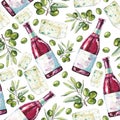 Watercolor pattern with a bottle of red wine and olives on a white background Royalty Free Stock Photo