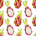 Watercolor pattern with bright dragon fruit on a white background. Pattern for summer, food products, wrapping paper etc