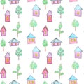 Pattern of bright houses and trees for a childish design, watercolor, sketch style