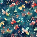 Watercolor pattern with butterflies, flowers and leaves. Aquamarine and crimson colors. Generative AI Royalty Free Stock Photo