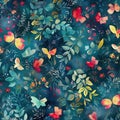 Watercolor pattern with butterflies, flowers and leaves. Aquamarine and crimson colors. Generative AI Royalty Free Stock Photo