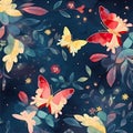 Watercolor pattern with butterflies, flowers and leaves. Aquamarine and crimson colors. Generative AI Royalty Free Stock Photo