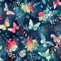 Watercolor pattern with butterflies, flowers and leaves. Aquamarine and crimson colors. Generative AI Royalty Free Stock Photo