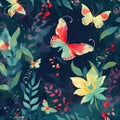 Watercolor pattern with butterflies, flowers and leaves. Aquamarine and crimson colors. Generative AI Royalty Free Stock Photo
