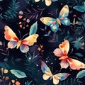 Watercolor pattern with butterflies, flowers and leaves. Aquamarine and crimson colors. Generative AI Royalty Free Stock Photo