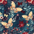 Watercolor pattern with butterflies, flowers and leaves. Aquamarine and crimson colors. Generative AI Royalty Free Stock Photo