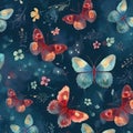 Watercolor pattern with butterflies, flowers and leaves. Aquamarine and crimson colors. Generative AI Royalty Free Stock Photo
