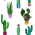 Watercolor pattern of cacti and succulents flowers