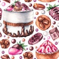 Watercolor pattern with cake, tartlet, chocolate covered strawberries, chocolate pieces, candies and balls