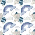 Watercolor pattern with elephant, clouds and rainbow on a white background. Pattern for various childish products.