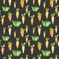 Watercolor pattern of cartoon style orange carrot and cabbage. Happy Easter background. Carrots for Easter Bunny