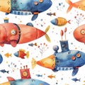 Watercolor pattern with cartoon submarines Royalty Free Stock Photo