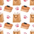 Watercolor pattern with cats in boxes and simple paw print on a white background. For various products, wrapping etc.