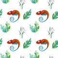 Seamless pattern with chameleon, watercolor illustration