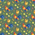 Watercolor pattern chickens and a rooster, rustic retro wallpaper, Rooster symbol of the new year