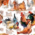 Watercolor pattern chickens and a rooster, rustic retro wallpaper, Rooster symbol of the new year