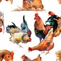 Watercolor pattern chickens and a rooster, Rooster symbol of the new year