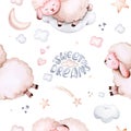 Watercolor pattern for children with sleeping sheep. print for baby fabric, poster pink with beige and blue clouds, moon, sun.