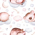 Watercolor pattern for children with sleeping baby deer and koala. print for baby fabric, poster pink with beige and blue clouds,