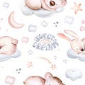 Watercolor pattern for children with sleeping bunny and koala. Rabbit print for baby fabric, poster pink with beige and blue