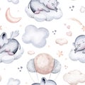 Watercolor pattern for children with sleeping elephant and koala. Rabbit print for baby fabric, poster pink with beige and blue