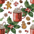Watercolor pattern Christmas cocoa, hot chocolate, red cup, gingerbread, spices, nuts, Christmas holly flower, wallpaper, paper, w