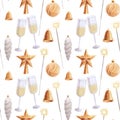 Watercolor pattern of christmas decorations and drinks.