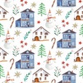 Watercolor pattern with Christmas houses Royalty Free Stock Photo