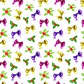 Watercolor pattern with Christmas ribbon bows made from silk Hand knot bow. Bows for gifts and packaging.