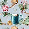 Watercolor pattern with Christmas sweets. Hand painted cookies, cinnamon, cup of cacao with marshmallow, candy cane, fir